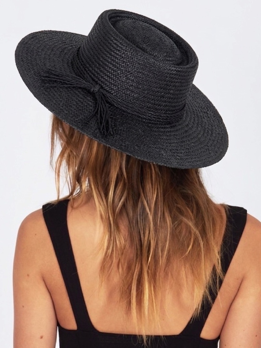 Amuse Society Black Wide-Brim Straw Hat with Tassel Band